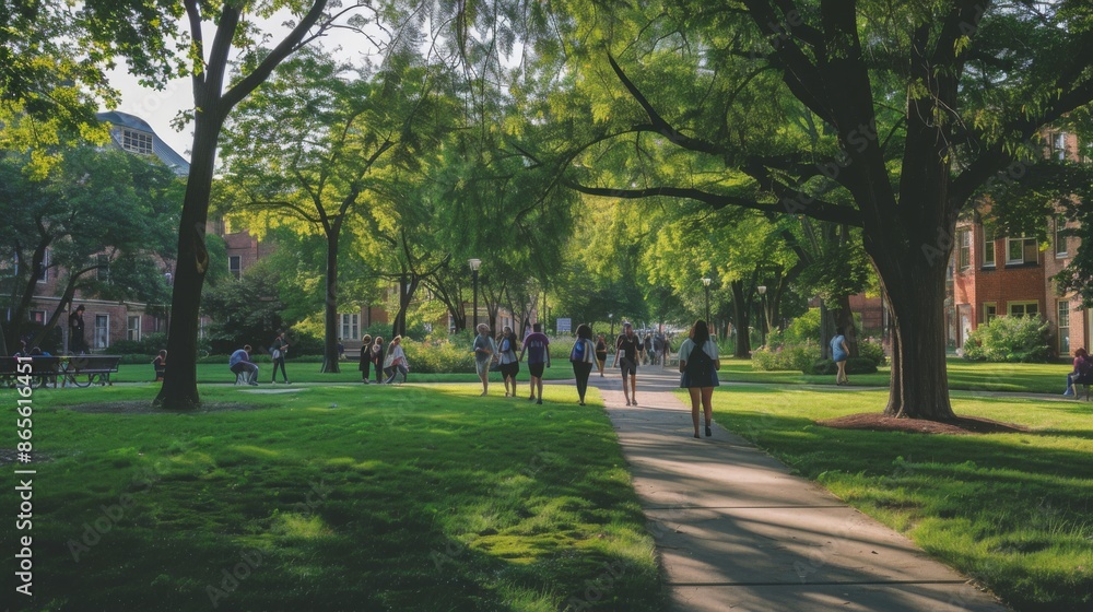 Naklejka premium A group of students walk along a paved path on a university campus. The path is lined with trees and green grass.