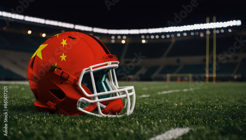 An American football helmet with the China flag design sits on a field at night, under stadium lights