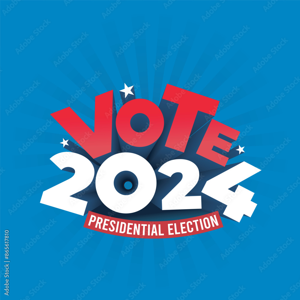 Vetor de Vote 2024 USA Presidential Election 3d typography template design. Political Event