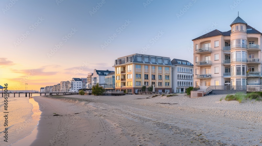 A beautiful view of a row of white buildings lining the shore of a calm lake. The sun is setting, casting a warm glow on the water and creating a serene and tranquil scene A beautiful view of a row of white buildings lining the shore of a calm lake. The sun is setting, casting a warm glow on the water and creating a serene and tranquil scene