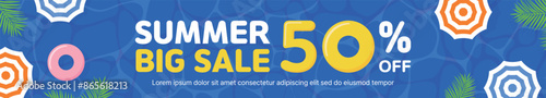 Summer season coupon sale event banner template illustration. In the background of a cute pool, there is a typographic that says 'Summer Big Sale', a tube, a parasol, and a palm tree.