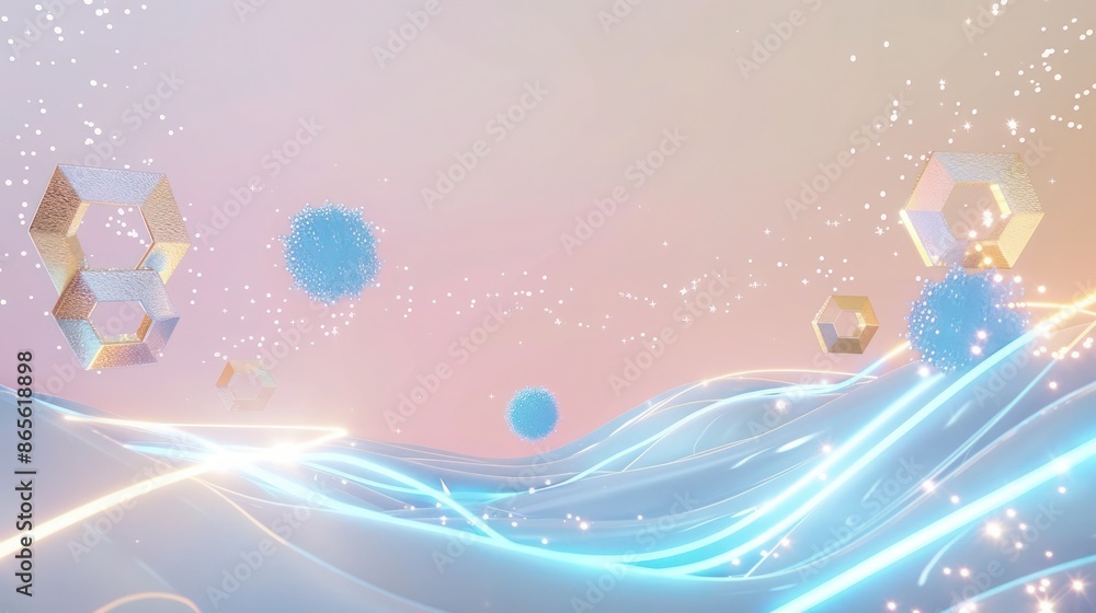 A serene scene where light blue particles dance around bright neon hexagons against a backdrop of pale pink, enhanced by subtle silver stars and golden abstract waves in the celestial theme. A serene scene where light blue particles dance around bright neon hexagons against a backdrop of pale pink, enhanced by subtle silver stars and golden abstract waves in the celestial theme.