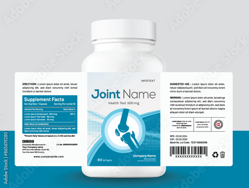 Food supplement vitamin medicine label sticker design dietary drug capsule and tablet modern bottle jar box packaging.