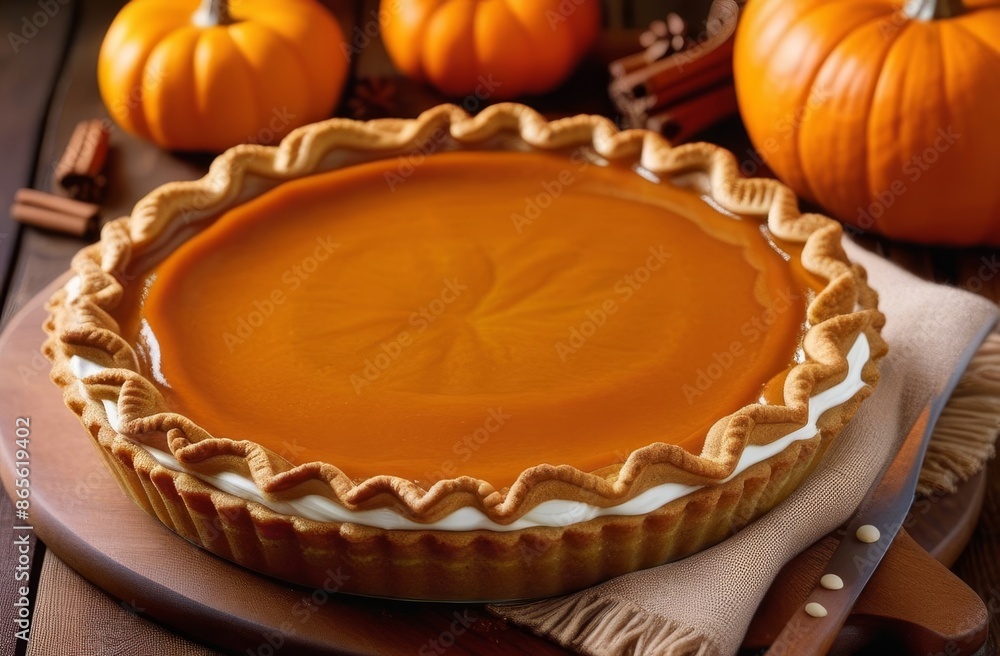 Close up of tasty homemade pumpkin pie on a wooden table Close up of tasty homemade pumpkin pie on a wooden table