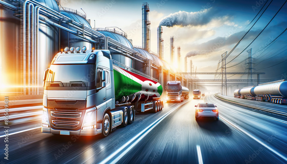 Modern tanker trucks, one showcasing the Burundi flag, journey from a refinery, signifying fuel distribution. Modern tanker trucks, one showcasing the Burundi flag, journey from a refinery, signifying fuel distribution.