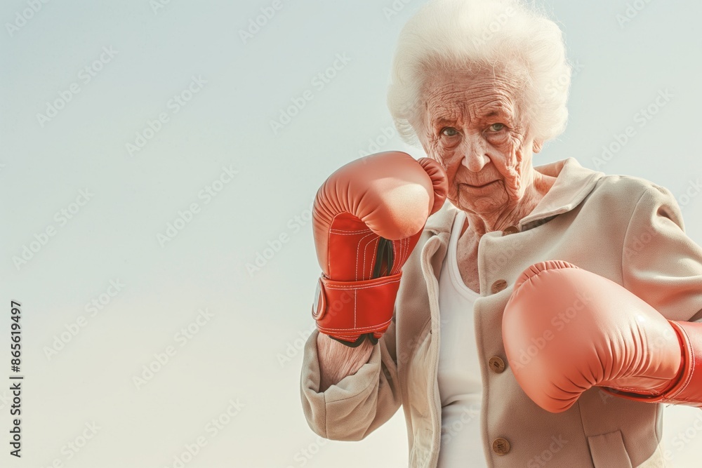 An elderly woman wearing a beige outfit and orange boxing gloves, posed in a fighting stance, symbolizing strength and readiness against a light background. An elderly woman wearing a beige outfit and orange boxing gloves, posed in a fighting stance, symbolizing strength and readiness against a light background.