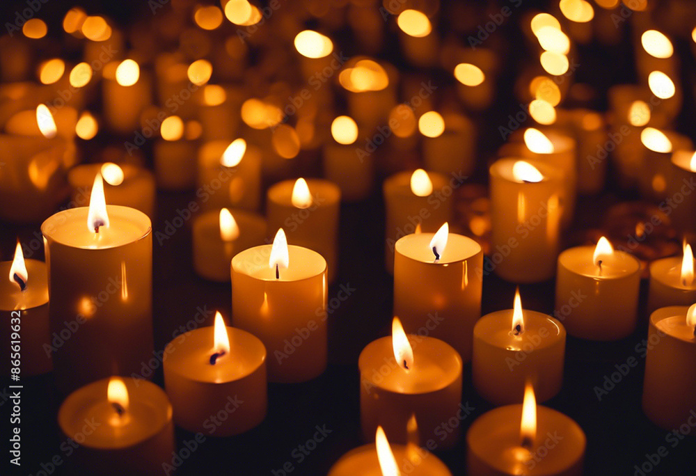 Close-up with many candles burning in the dark Close-up with many candles burning in the dark