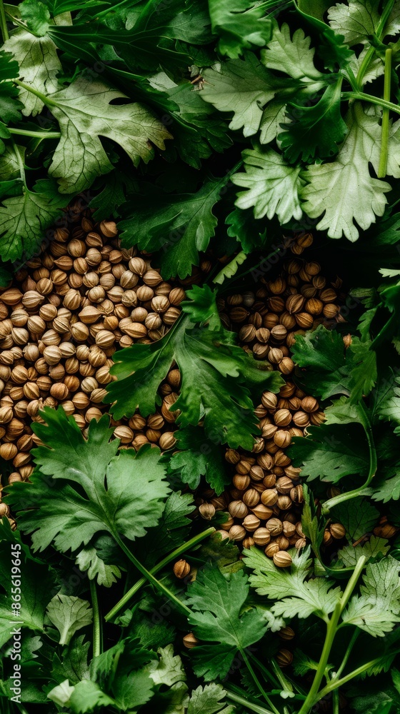 Fresh cilantro leaves and coriander seeds Fresh cilantro leaves and coriander seeds