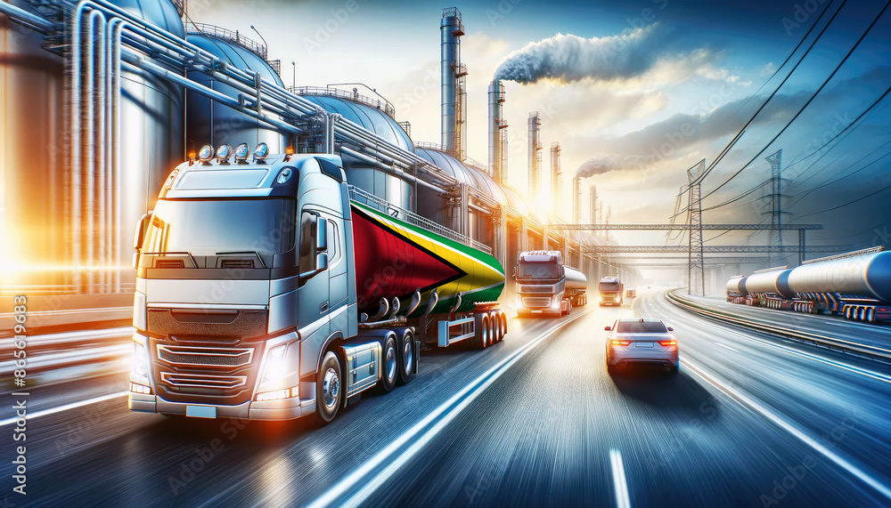 Fototapeta premium Modern tanker trucks, one showcasing the Guyana flag, journey from a refinery, signifying fuel distribution.