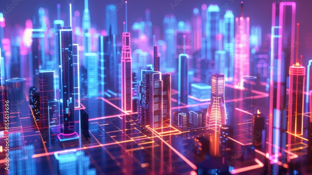 A futuristic smart cityscape with neon lights and buildings A futuristic smart cityscape with neon lights and buildings