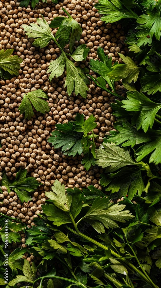 Fresh coriander leaves and seeds, close-up. Culinary herbs concept Fresh coriander leaves and seeds, close-up. Culinary herbs concept