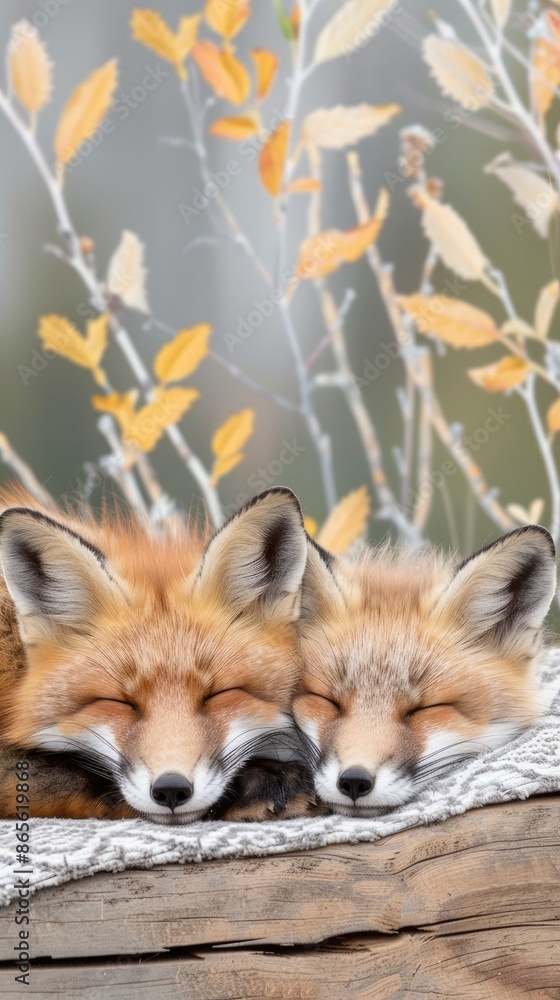 Fototapeta premium Two red foxes curled up together, sleeping soundly on a bed of dirt and leaves