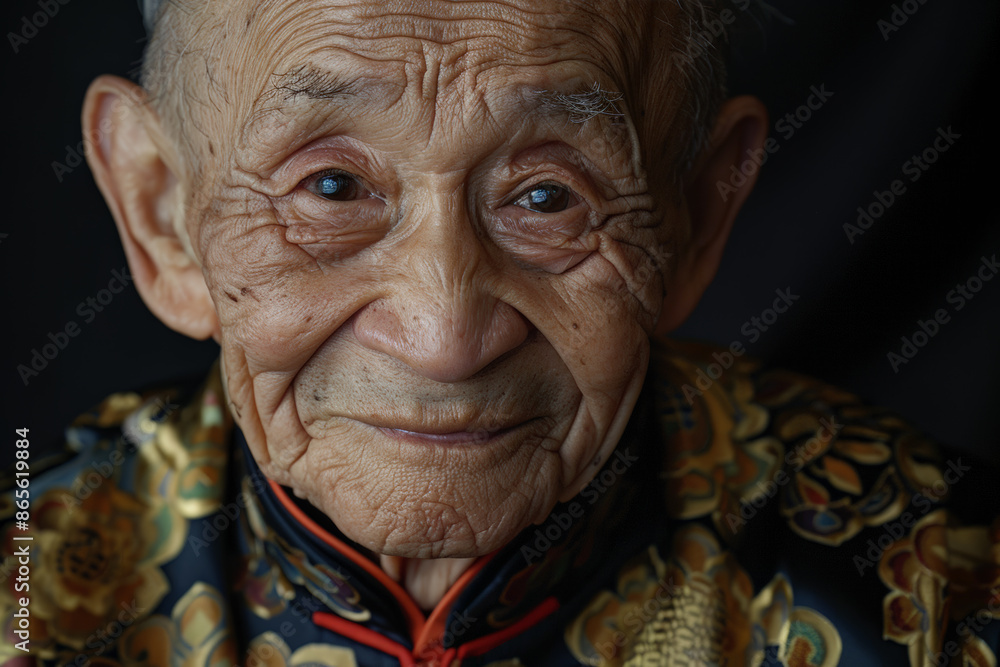 Close-up portrait of a senior man of Asian descent, studio photo, against a sleek gray studio backdrop Close-up portrait of a senior man of Asian descent, studio photo, against a sleek gray studio backdrop