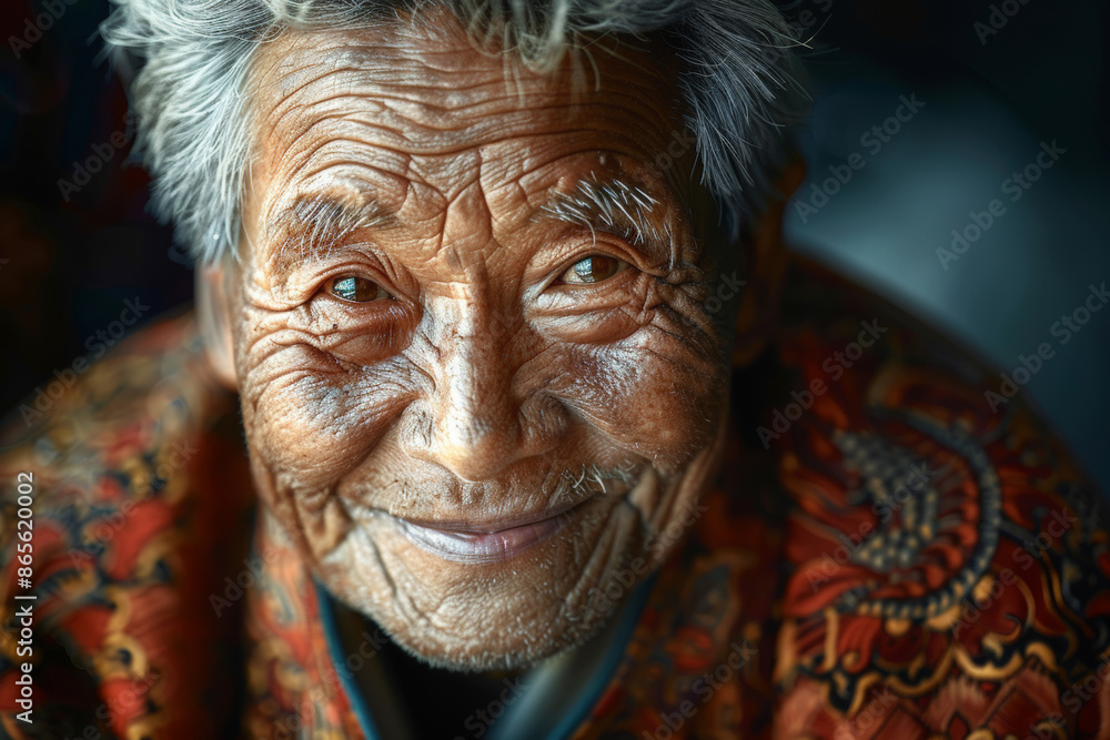 Close-up portrait of a senior man of Asian descent, studio photo, against a sleek gray studio backdrop Close-up portrait of a senior man of Asian descent, studio photo, against a sleek gray studio backdrop