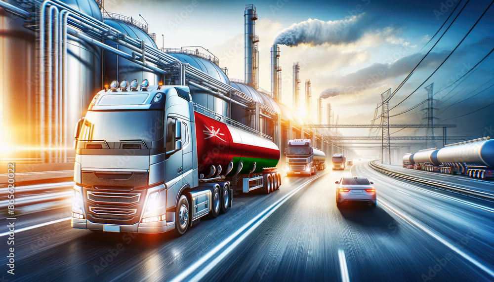 Modern tanker trucks, one showcasing the Oman flag, journey from a refinery, signifying fuel distribution. Modern tanker trucks, one showcasing the Oman flag, journey from a refinery, signifying fuel distribution.