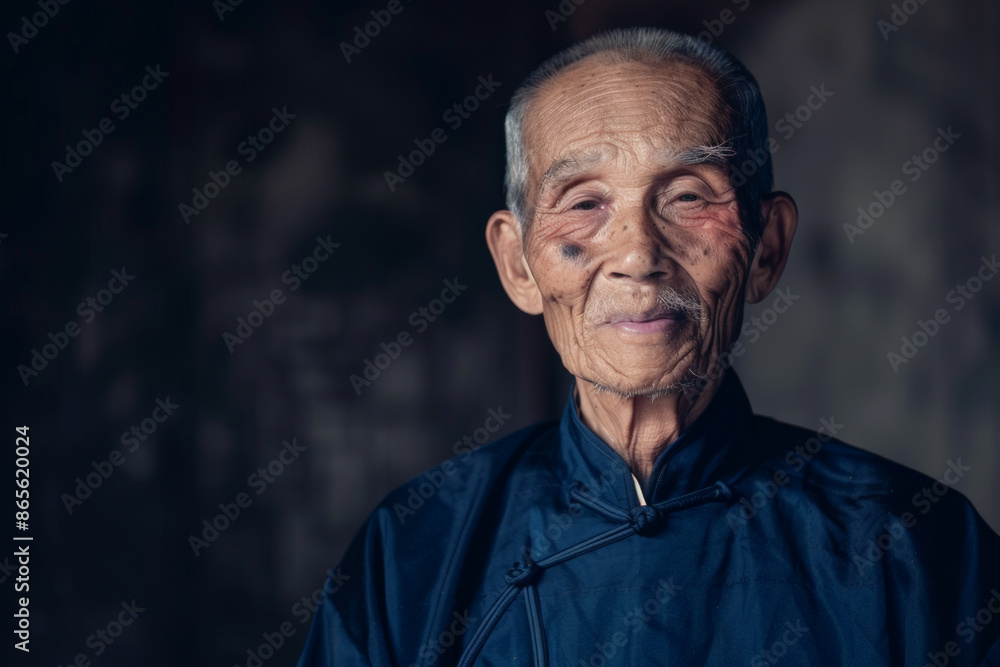 Close-up portrait of a senior man of Asian descent, studio photo, against a sleek gray studio backdrop Close-up portrait of a senior man of Asian descent, studio photo, against a sleek gray studio backdrop