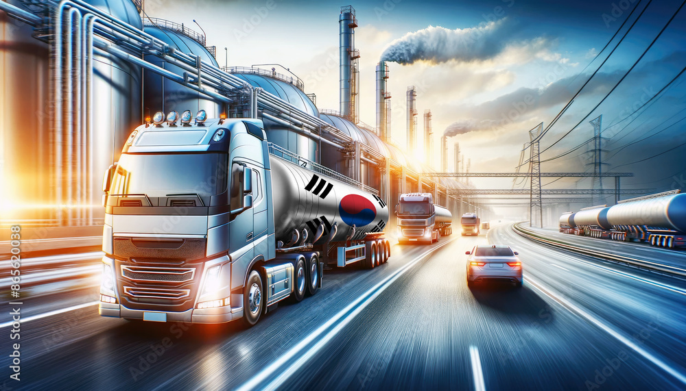Fototapeta premium Modern tanker trucks, one showcasing the Republic of Korea flag, journey from a refinery, signifying fuel distribution.