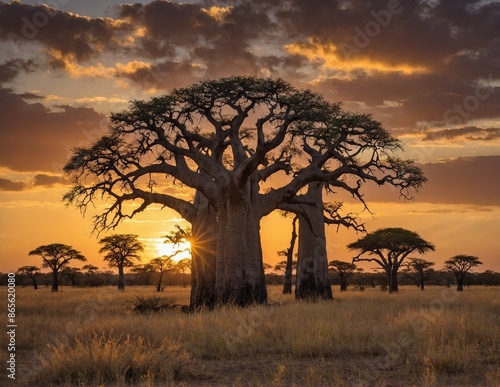 Savannah landscape at sunset with baobab trees