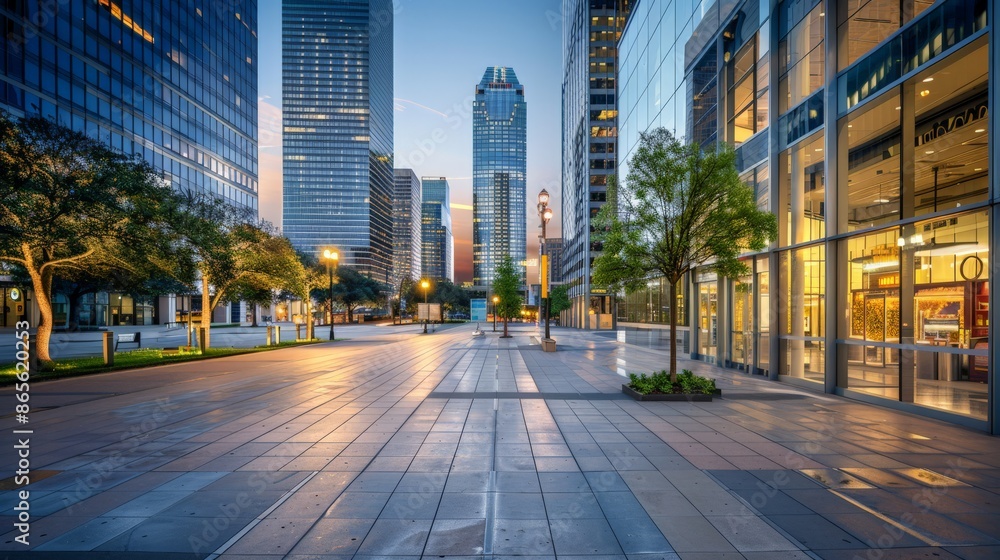 Fototapeta premium Illuminated modern business district with skyscrapers and tree-lined streets at dusk. Perfect for showcasing corporate environment and urban planning concepts