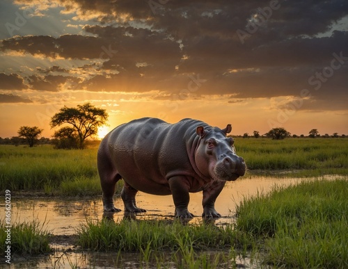 A hippopotamus stands in a pond against the backdrop of sunset