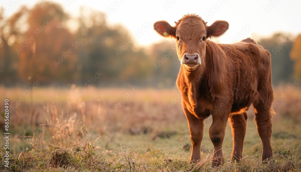 A brown cow stands in an open field bathed in the warm glow of a setting sun; peaceful rural scene A brown cow stands in an open field bathed in the warm glow of a setting sun; peaceful rural scene
