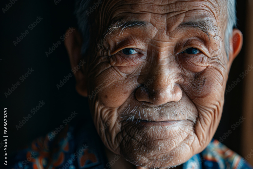 Close-up portrait of a senior man of Asian descent, studio photo, against a sleek gray studio backdrop Close-up portrait of a senior man of Asian descent, studio photo, against a sleek gray studio backdrop