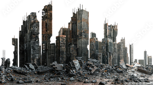 Collapsed buildings on a transparent white background