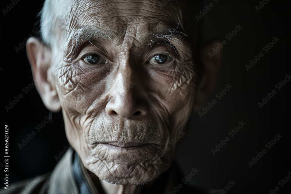 Close-up portrait of a senior man of Asian descent, studio photo, against a sleek gray studio backdrop Close-up portrait of a senior man of Asian descent, studio photo, against a sleek gray studio backdrop