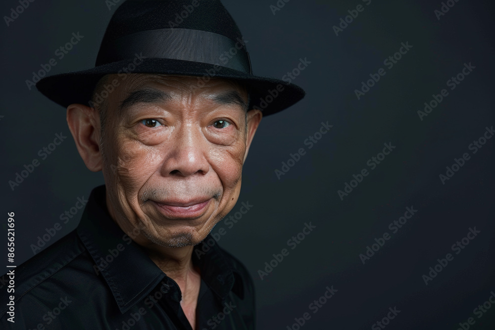 Close-up portrait of a senior man of Asian descent, studio photo, against a sleek gray studio backdrop Close-up portrait of a senior man of Asian descent, studio photo, against a sleek gray studio backdrop