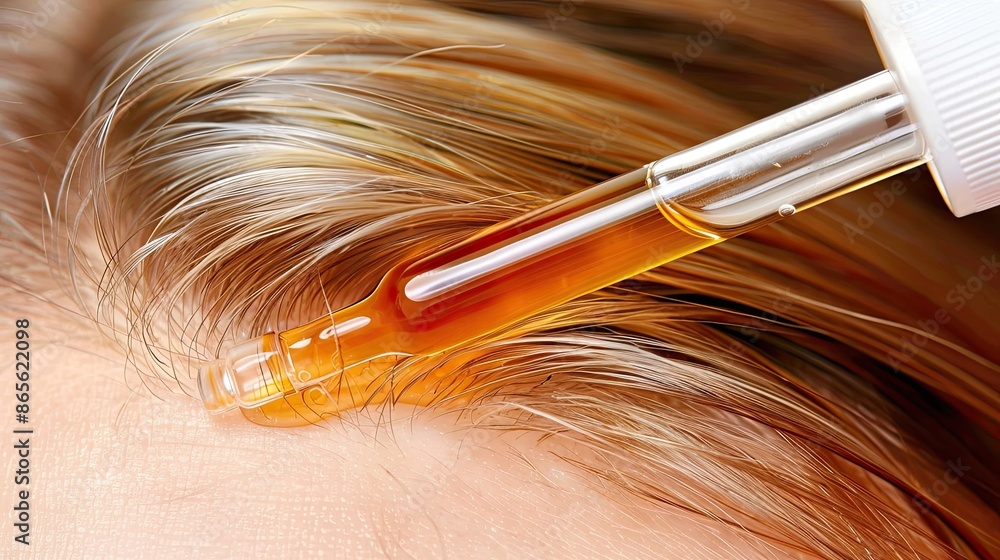 Fototapeta premium Beautician applying hair oil serum treatment using dropper