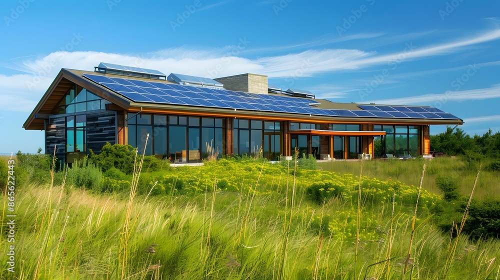 Modern Eco-Friendly Home with Solar Panels in Nature. Sustainable Living Modern Eco-Friendly Home with Solar Panels in Nature. Sustainable Living
