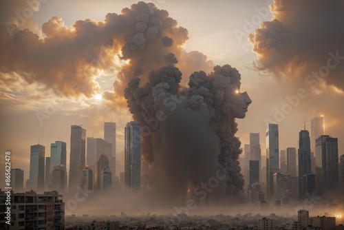 Gigantic dust storm engulfing city, skyscrapers disappearing in orange haze, people covering faces in streets