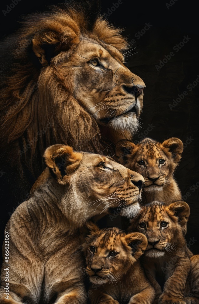 Fototapeta premium A majestic lion family, including the father and mother with their cubs, sitting together on an AI-generated African savannah&nbsp;at&nbsp;sunset