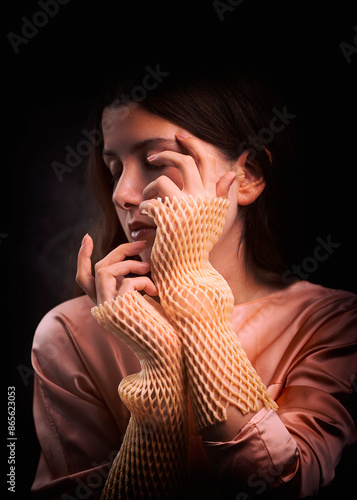 Картината върху платно young woman in pink blouse and pink muffs covering hands