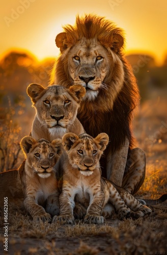 A majestic lion family, including the father and mother with their cubs, sitting together on an AI-generated African savannah at sunset