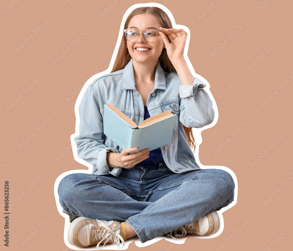 Fototapeta premium Young woman in eyeglasses reading book on beige background