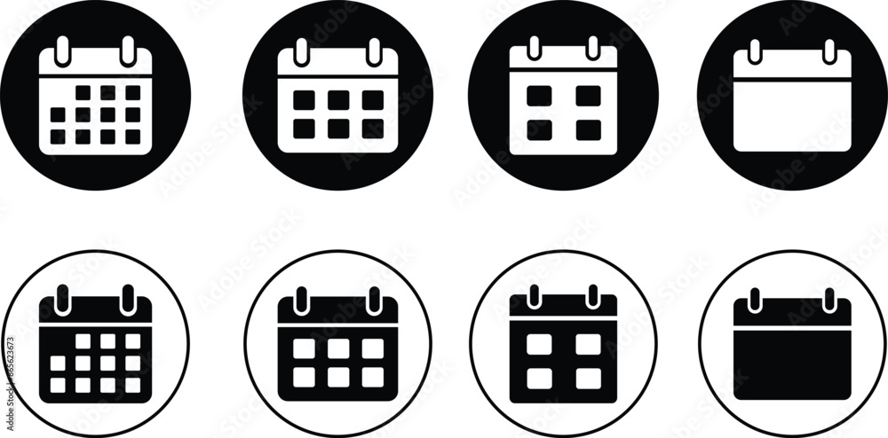 Calendar icons set. Containing date, schedule, month, week, appointment, agenda, organization and event symbol flat line vector collection isolated on transparent background for graphic and web design Calendar icons set. Containing date, schedule, month, week, appointment, agenda, organization and event symbol flat line vector collection isolated on transparent background for graphic and web design