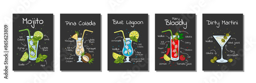 Set Hand Drawn Cocktail Recipe Posters. Collection Summer Refreshing Drinks with Ice. Mojito, Pina Colada, Blue Lagoon, Bloody Mary, Dirty Martini. Aperitif Infographic Design for Menu, Restaurants.