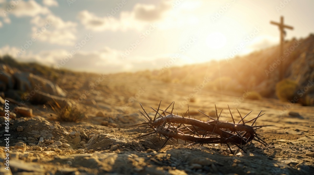 The cross, crown of thorns, red sunset symbolizing the sacrifice and suffering of Jesus Christ. Easter concept background depicting the cross, a desert landscape. The cross, crown of thorns, red sunset symbolizing the sacrifice and suffering of Jesus Christ. Easter concept background depicting the cross, a desert landscape.
