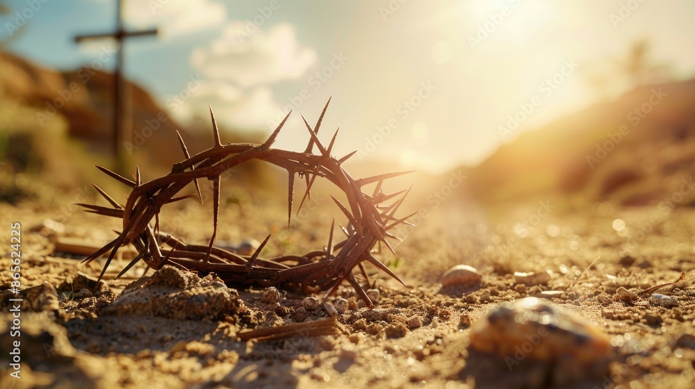 The cross, crown of thorns, red sunset symbolizing the sacrifice and suffering of Jesus Christ. Easter concept background depicting the cross, a desert landscape. The cross, crown of thorns, red sunset symbolizing the sacrifice and suffering of Jesus Christ. Easter concept background depicting the cross, a desert landscape.