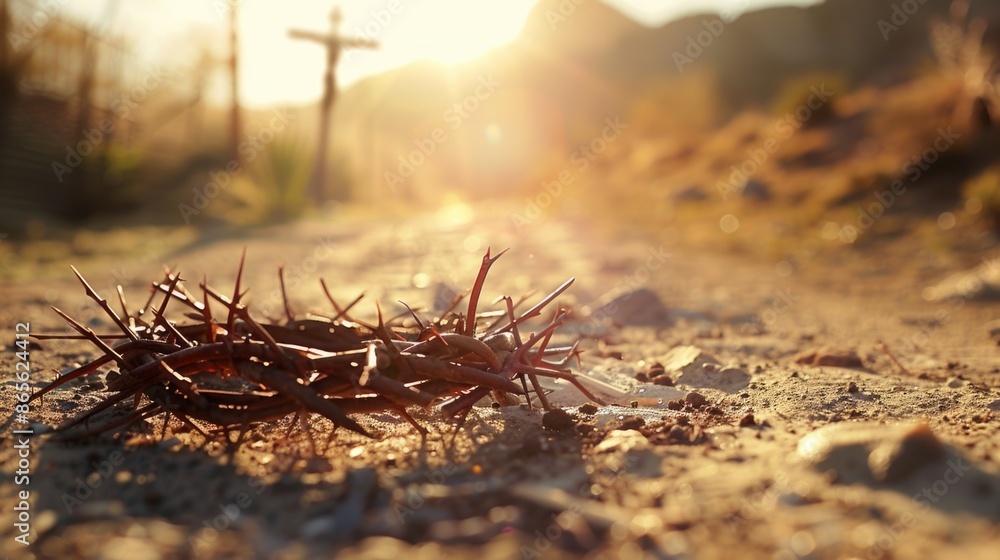 Fototapeta premium The cross, crown of thorns, red sunset symbolizing the sacrifice and suffering of Jesus Christ. Easter concept background depicting the cross, a desert landscape.