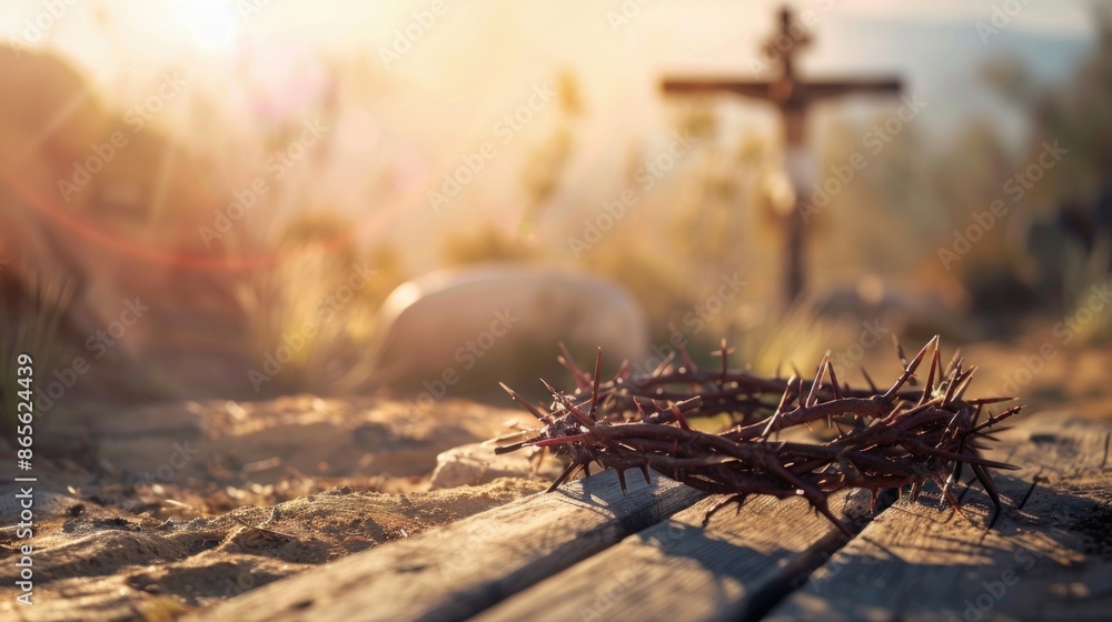 The cross, crown of thorns, red sunset symbolizing the sacrifice and suffering of Jesus Christ. Easter concept background depicting the cross, a desert landscape. The cross, crown of thorns, red sunset symbolizing the sacrifice and suffering of Jesus Christ. Easter concept background depicting the cross, a desert landscape.