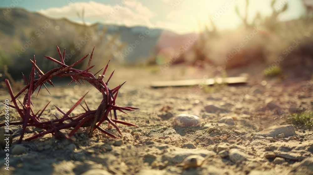 The cross, crown of thorns, red sunset symbolizing the sacrifice and suffering of Jesus Christ. Easter concept background depicting the cross, a desert landscape. The cross, crown of thorns, red sunset symbolizing the sacrifice and suffering of Jesus Christ. Easter concept background depicting the cross, a desert landscape.