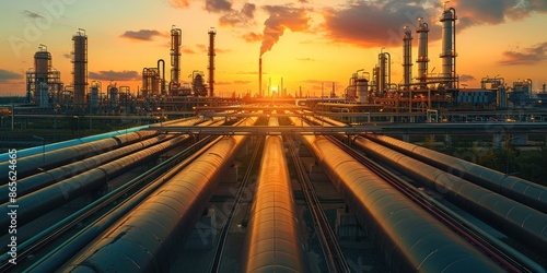 Oil refinery and pipelines at sunset. Industrial landscape of petrochemical plant. Concept of energy, fuel, industry, pollution, and environment.