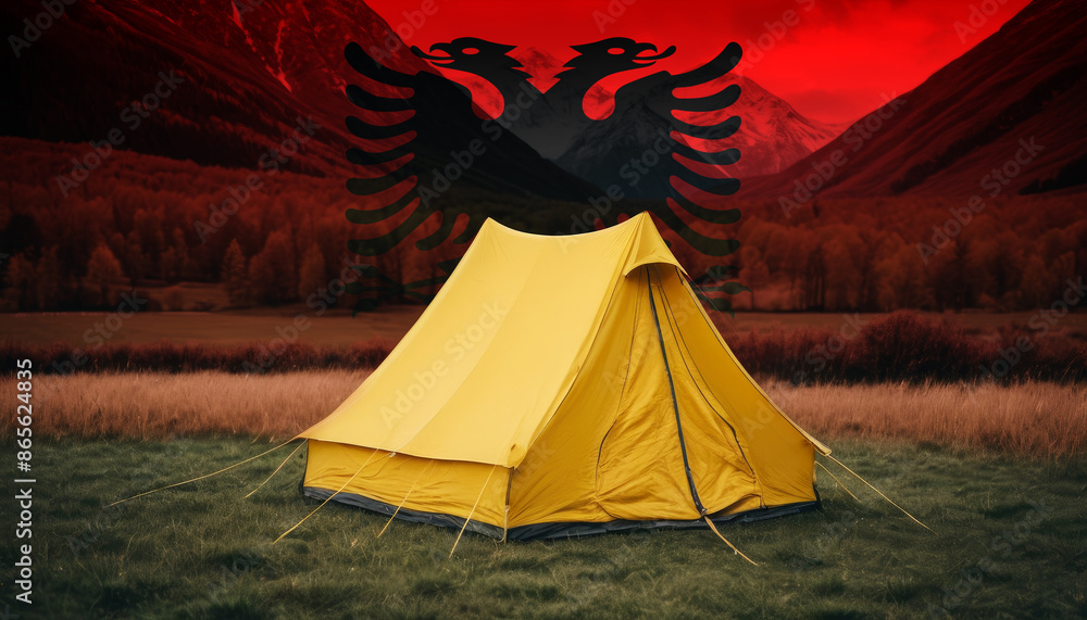 A symbol of adventure and patriotism, a tent stands tall against a backdrop of the Albania flag and a breathtaking mountain vista. A symbol of adventure and patriotism, a tent stands tall against a backdrop of the Albania flag and a breathtaking mountain vista.
