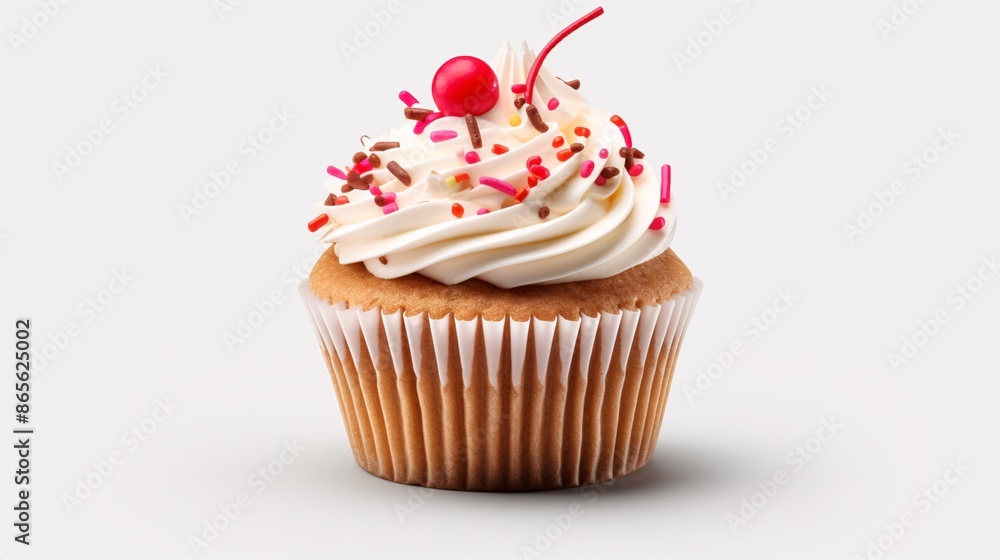 Delightful cupcake with a playful mix of sprinkles and swirls of frosting on top. Delightful cupcake with a playful mix of sprinkles and swirls of frosting on top.