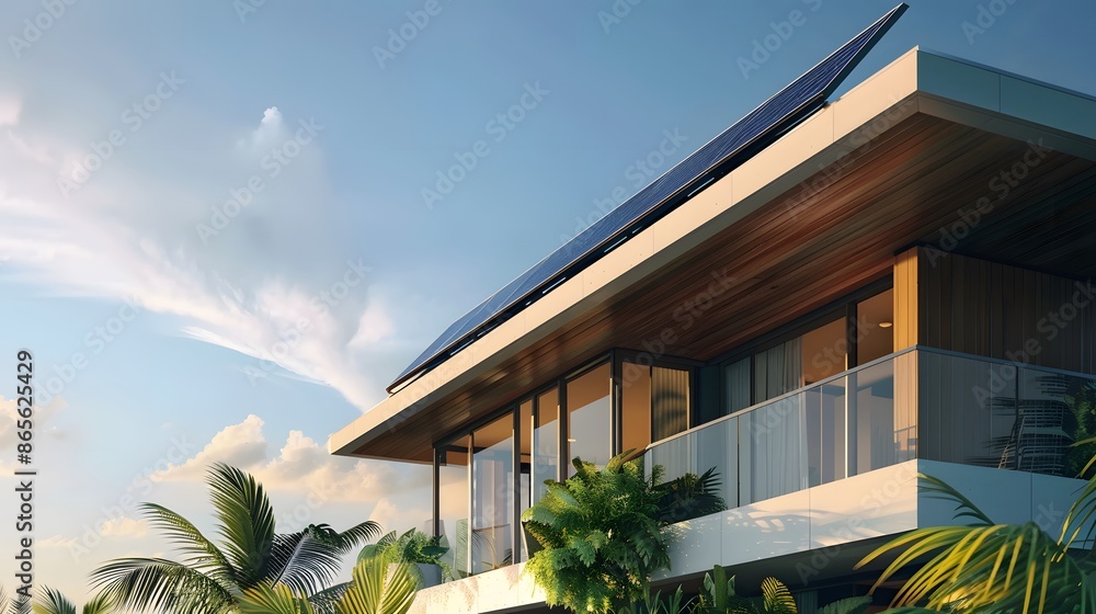 Fototapeta premium Modern sustainable home with solar panels on a sunny day, showcasing green energy solutions for a brighter future. Concept of renewable energy, eco-friendly living, and sustainability