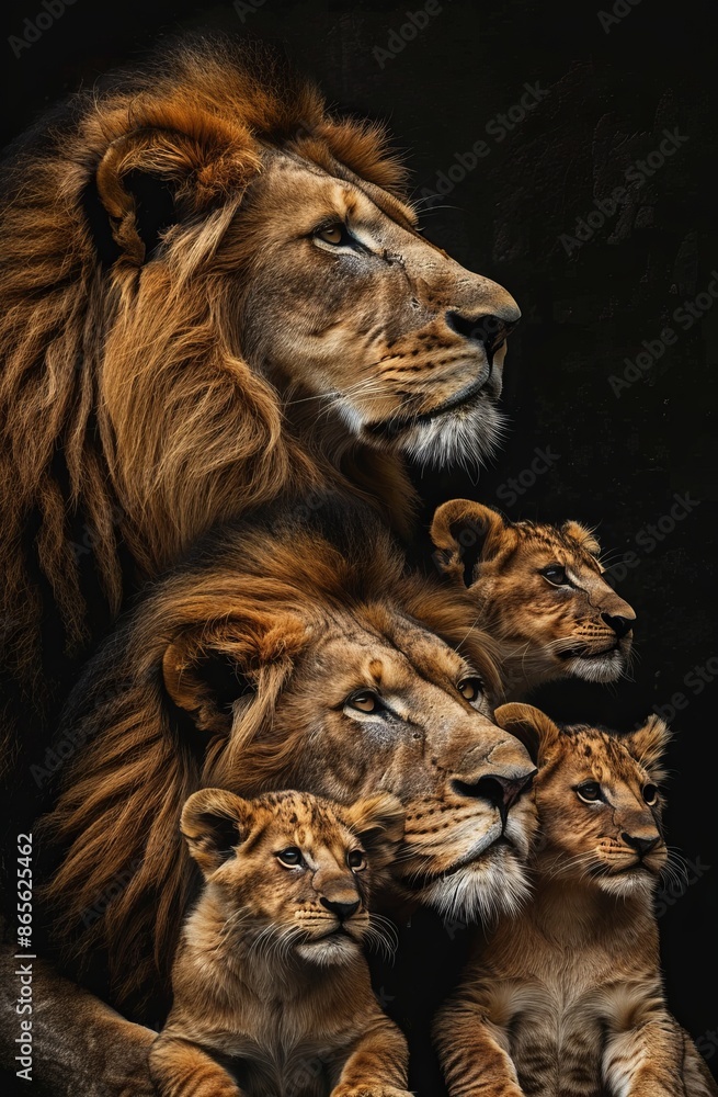 Fototapeta premium A family of lions including father lion and mother lioness as well as their cubs on an African savannah at sunset&nbsp;generated&nbsp;AI