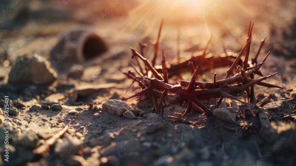 The cross, crown of thorns, red sunset symbolizing the sacrifice and suffering of Jesus Christ. Easter concept background depicting the cross, a desert landscape. The cross, crown of thorns, red sunset symbolizing the sacrifice and suffering of Jesus Christ. Easter concept background depicting the cross, a desert landscape.