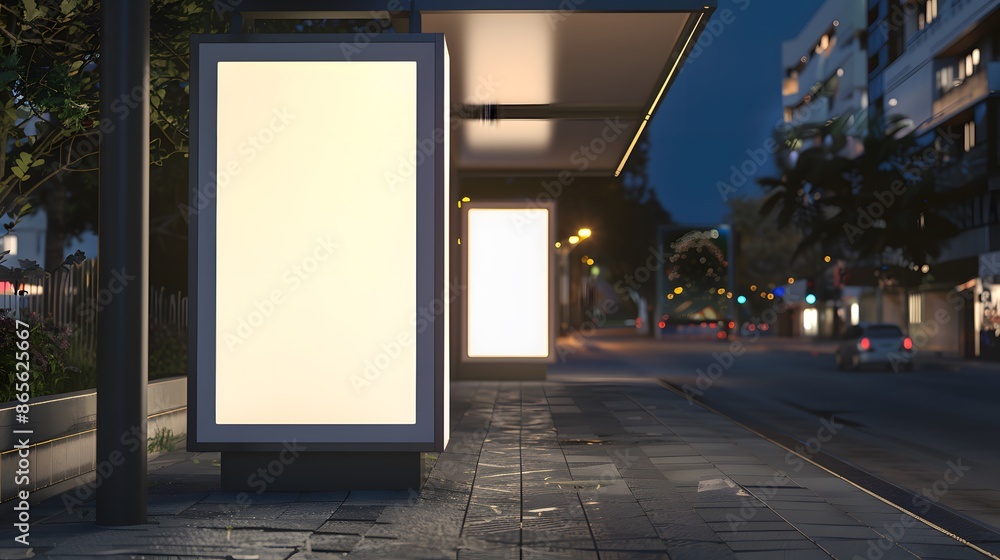 Blank billboard mockup at night in urban environment, empty advertisement poster signage at bus stop on city street. Concept of marketing, advertising, out-of-home (OOH) media, branding, promotion. Blank billboard mockup at night in urban environment, empty advertisement poster signage at bus stop on city street. Concept of marketing, advertising, out-of-home (OOH) media, branding, promotion.